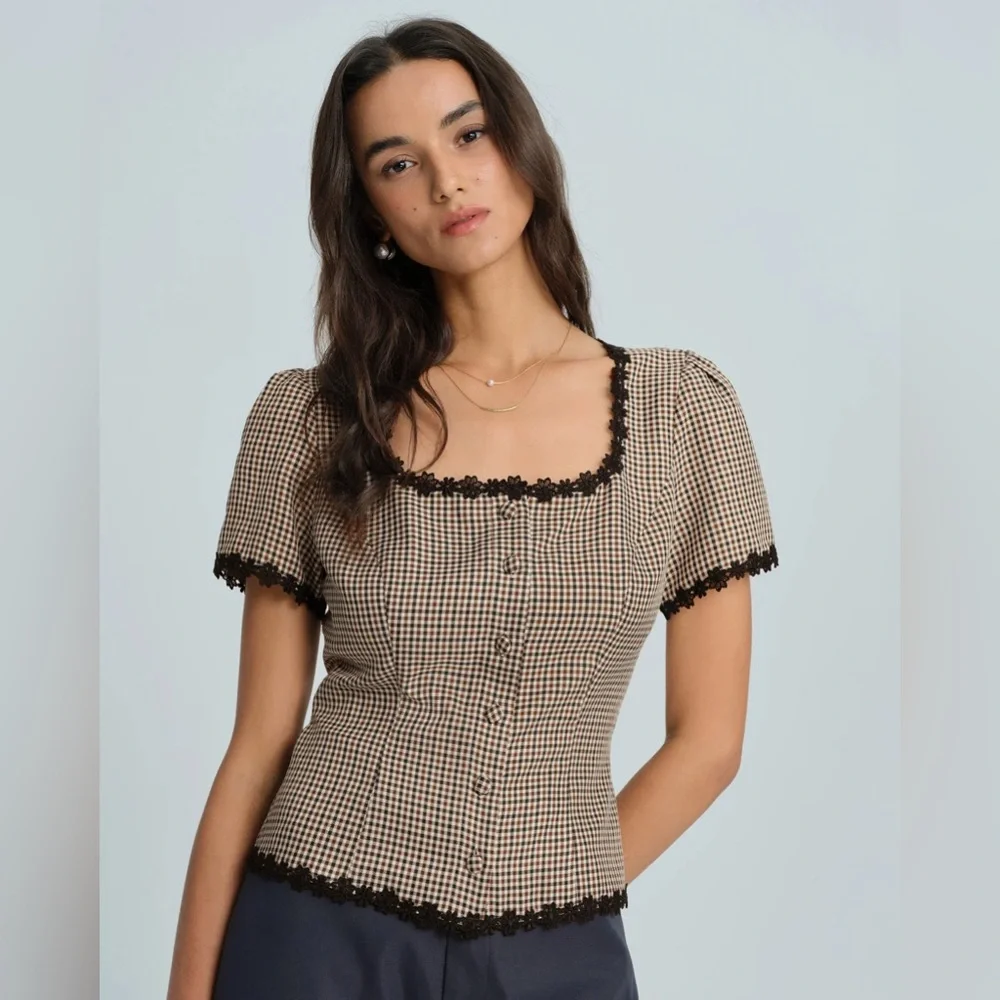 Coffee Square Neck Plaid Blouse - Picture 4 of 9